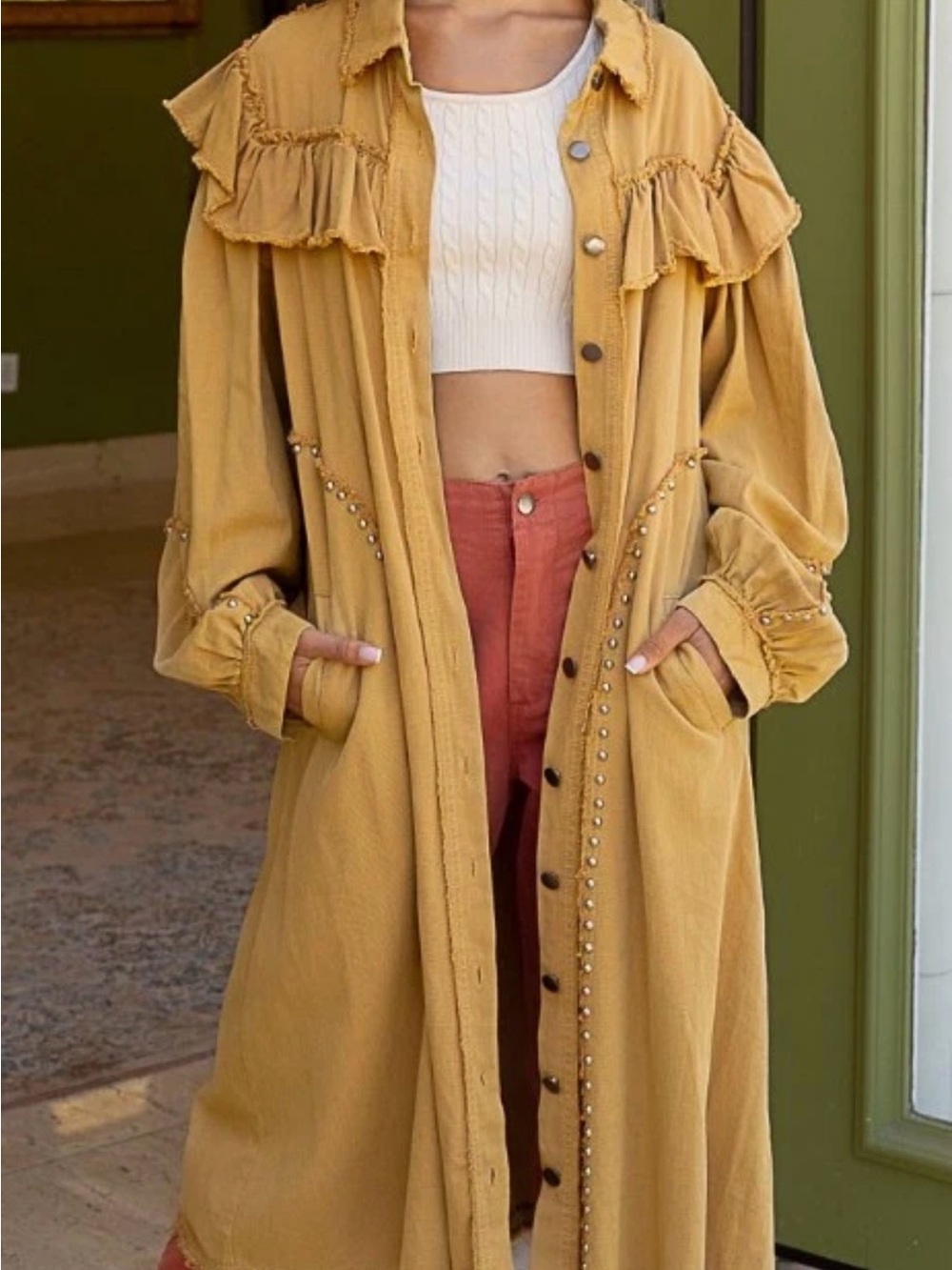 POL-Studded and Ruffled Long Shacket Duster Jacket-100% Cotton-L-Boho-Fall